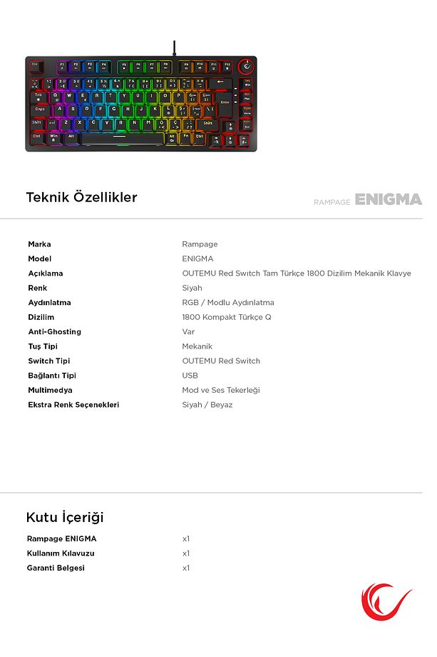 ENIGMA 75 RGB Aydınlatmalı Red Switch Kompakt Dizilim Gaming Mekanik Oyuncu Klavyesi Siyah - 9