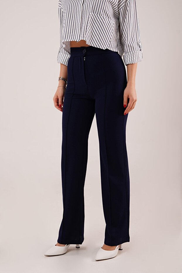 Stitching Detail High Waist Navy Blue Trousers