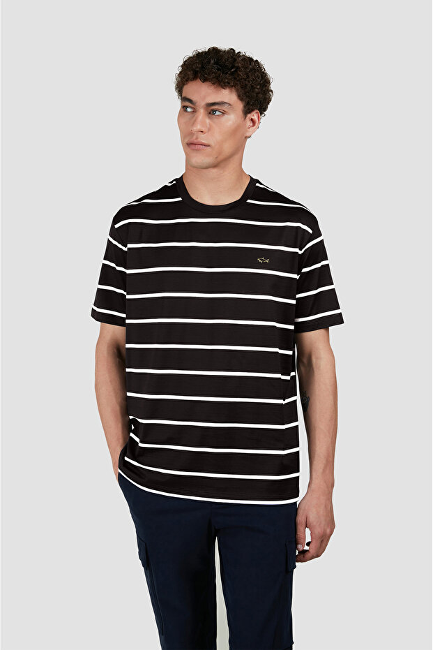 Men's Round Neck Regular Fit Striped 100% Cotton Short Sleeve Black-White T-Shirt 25411018 -246