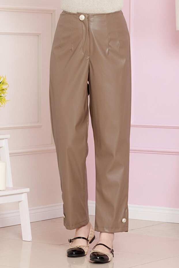 Button Detailed Leather Trousers-Mink