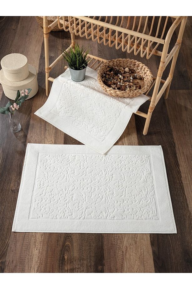 %100 Pamuklu & Yumuşak 2'li Ayak Havlusu - Ekru Renk & Damask Desen Su Emici Havlu Seti - 50x70 Cm - 1