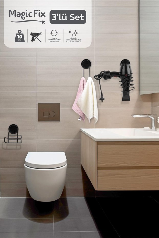 Black Magic Fix Bathroom Organizer Set of 3 - Double Hangers - Wc Paper Holder - Hair Dryer