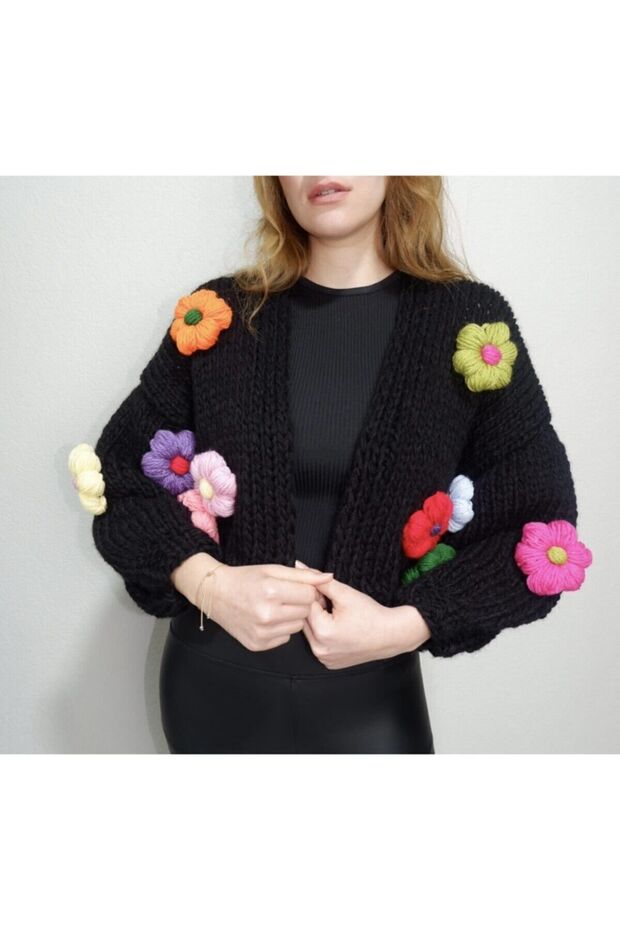 Black Flower Motif Hand Knitted Cardigan