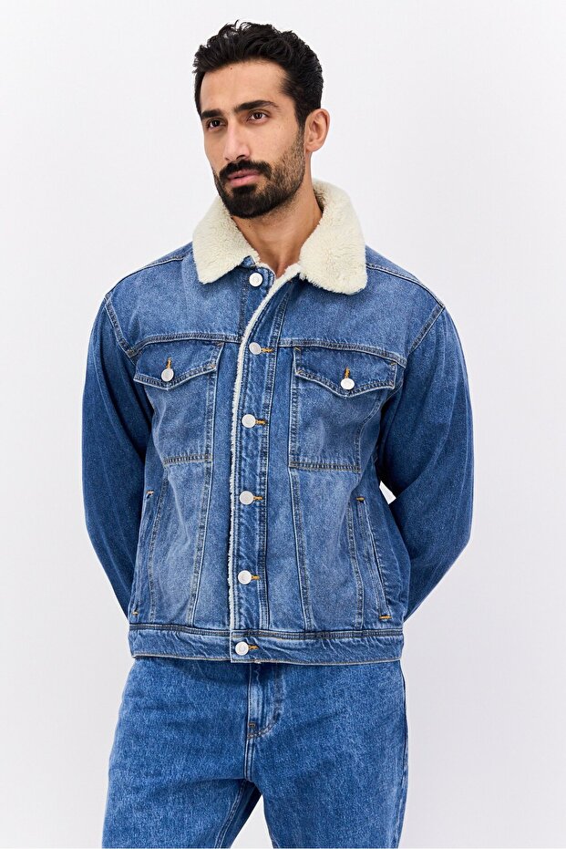 جاكيت جينز رجالي مغسول، أزرق - 1