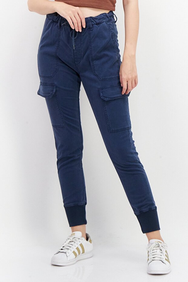 Women Solid Regular Length Cargo Pants, Navy
