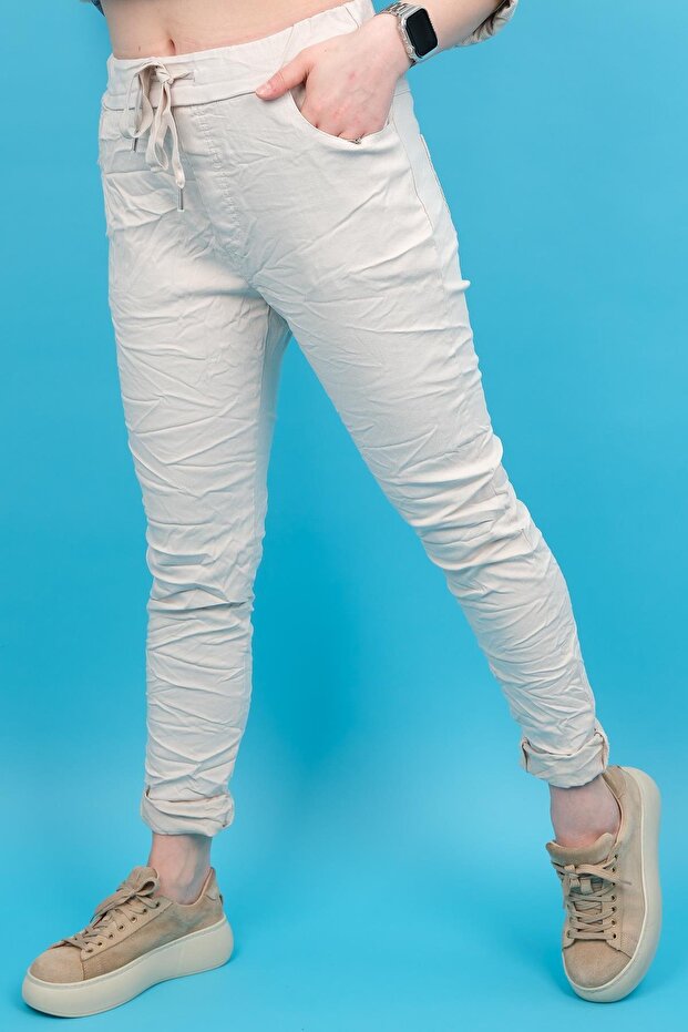 Likralı Düz Basic Pantolon Bej Renk - 1