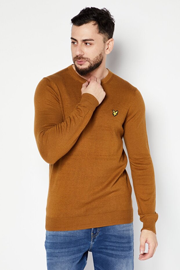 Men Crew Neck Long Sleeve Embroidered Logo Sweater, Golden Brown