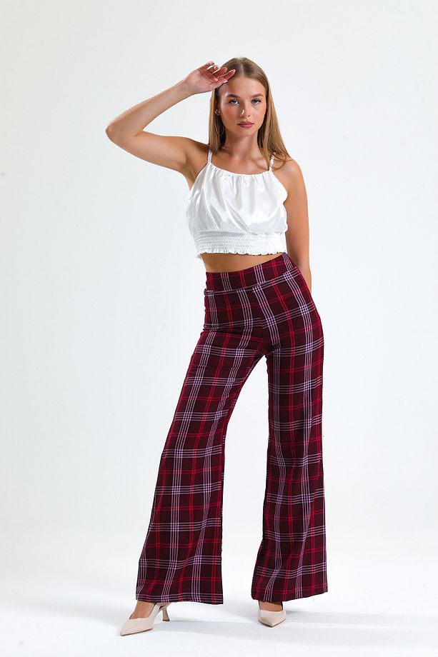 Yandan Fermuarlı Ekose Pantolon | Pnt31718 Bordo - 6