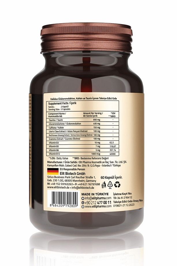 Taurine Glucoronolactone Lion's Claw Extract Guarana Extract 60 Capsules - 2