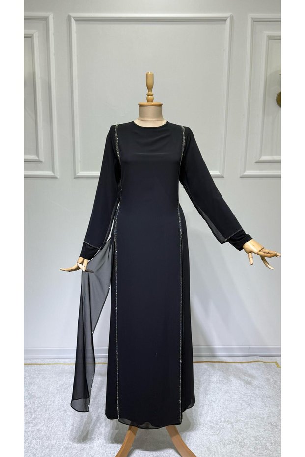 Women's Stone Chiffon Dress with Stone Sleeves Evening Dress New Season