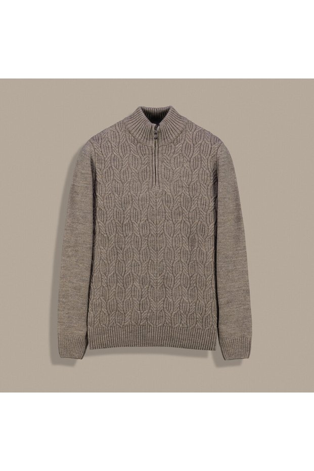 İnterview Sarar Zippered Half Turtleneck Knitted Pattern Dark Beige Knitwear Sweater