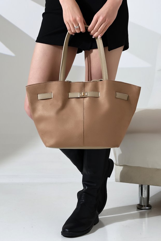 Beige Suede Belt Detailed Extra Strap Hand, Arm and Shoulder Bag, Suede Women's Bag