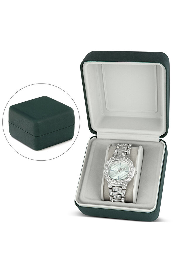 Gray Metal Stone Wrist Watch in Green Leather Box Ps3933