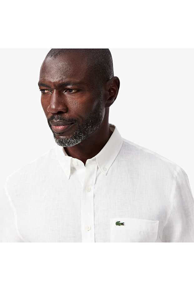 Erkek Regular Fit Düğmeli Yaka Keten Beyaz Gömlek - 2