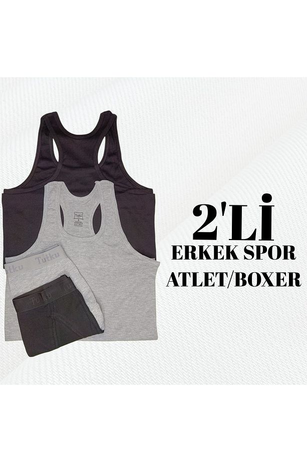 Kaliteli Pamuklu 2 Adet Sporcu Atlet (Siyah-Gri) Ve 2 Adet Elestan (Likralı) Boxer Takım - 1