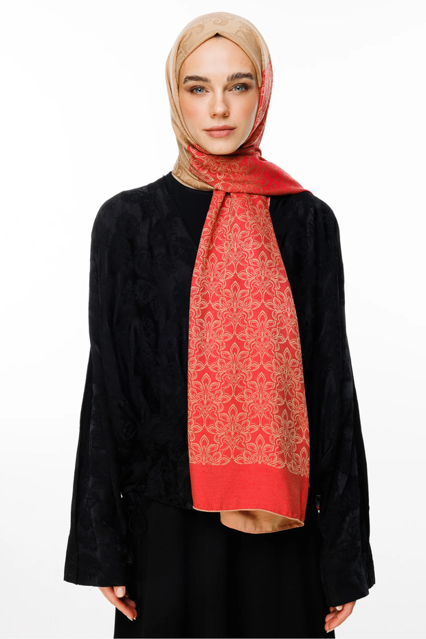 Nora Pattern Double Sided Shawl Mink-Red - 1