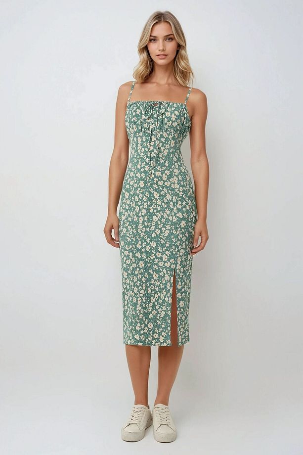 Yırtmaç Detaylı Çiçek Desenli Bodycon Midi Elbise - 3