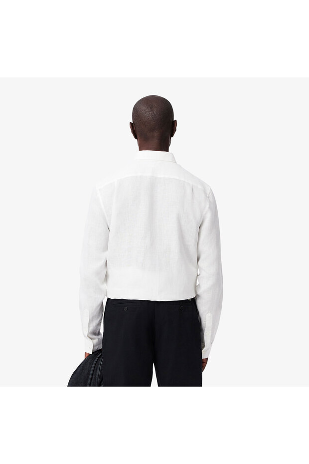 Erkek Regular Fit Düğmeli Yaka Keten Beyaz Gömlek - 3