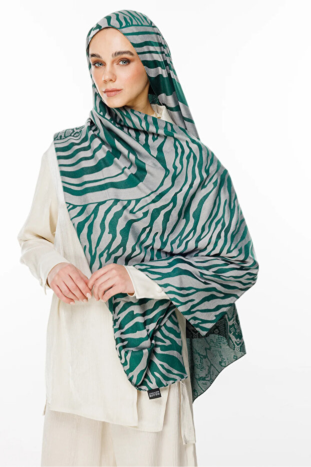 Riad Pattern Double Sided Shawl Emerald-Pink