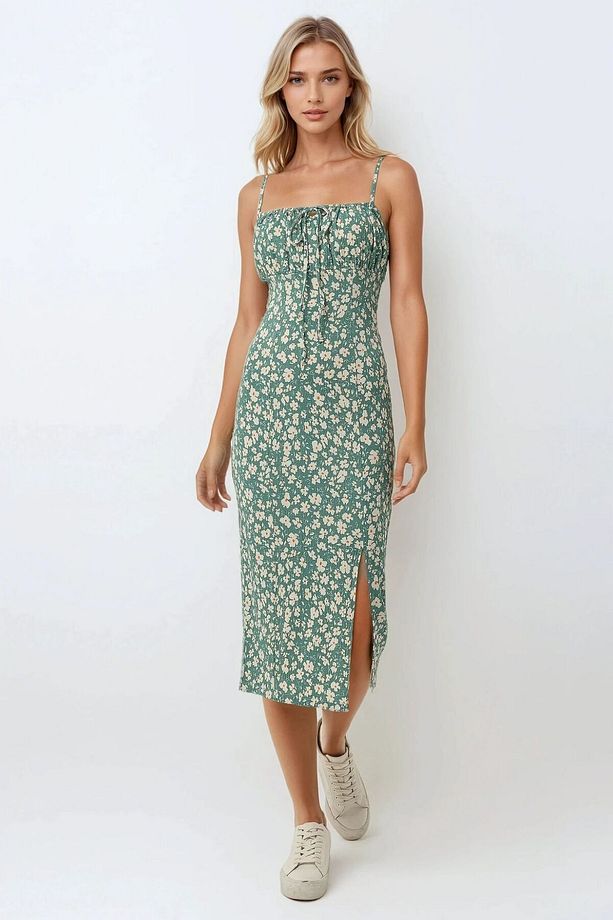 Yırtmaç Detaylı Çiçek Desenli Bodycon Midi Elbise - 2