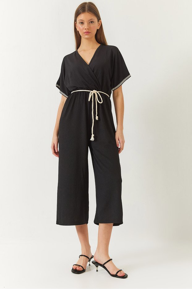 Women's Black Double-Breasted Collar Sleeve Detail Waist Belted Crinkle Jumpsuit 60261418