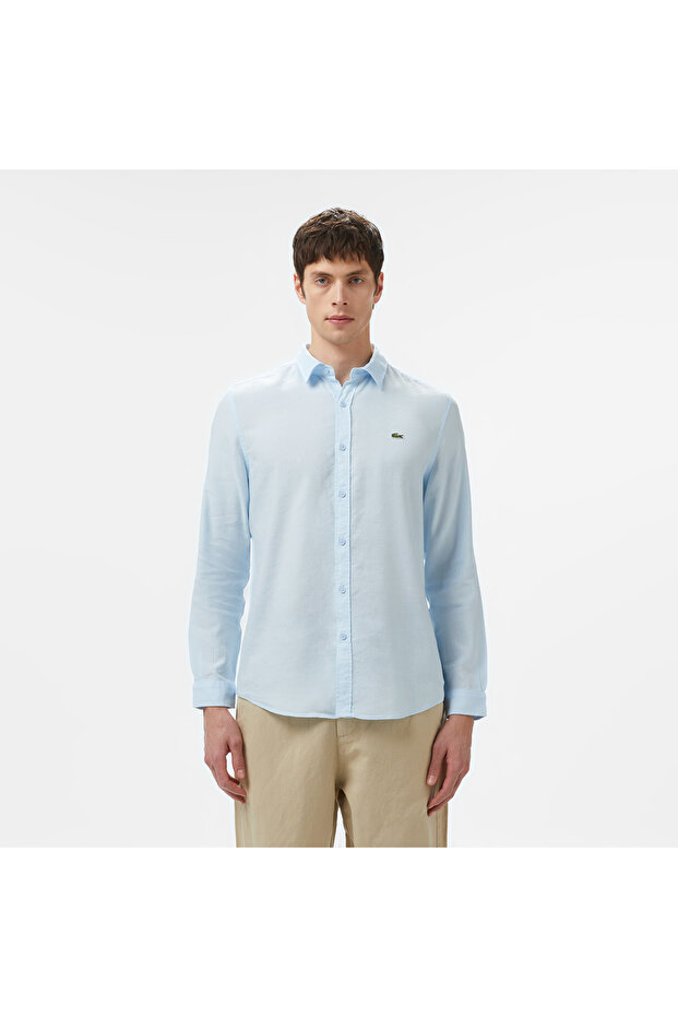 Erkek Regular Fit Keten Açık Mavi Gömlek - 1