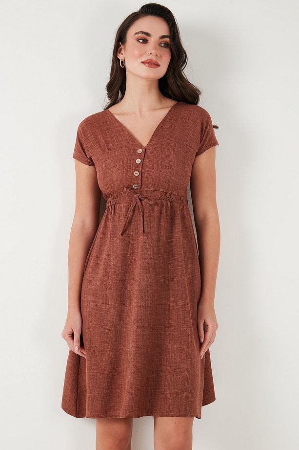 Önü Düğmeli V Yaka Regular Fit Kısa Kollu Midi Elbise ELBİSE 5865747 - 5