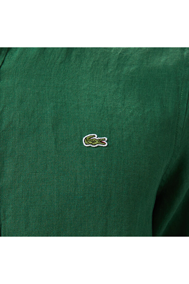 Erkek Regular Fit Düğmeli Yaka Keten Koyu Yeşil Gömlek - 5