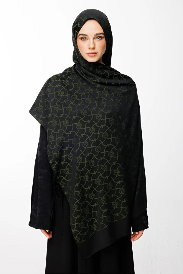 Marrakech Pattern Double-Sided Shawl Black-Khaki - 1