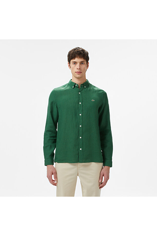Erkek Regular Fit Düğmeli Yaka Keten Koyu Yeşil Gömlek - 1