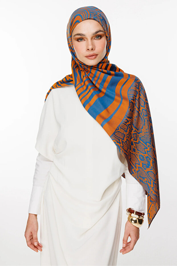 Riad Pattern Double Sided Shawl Petrol Blue-Orange