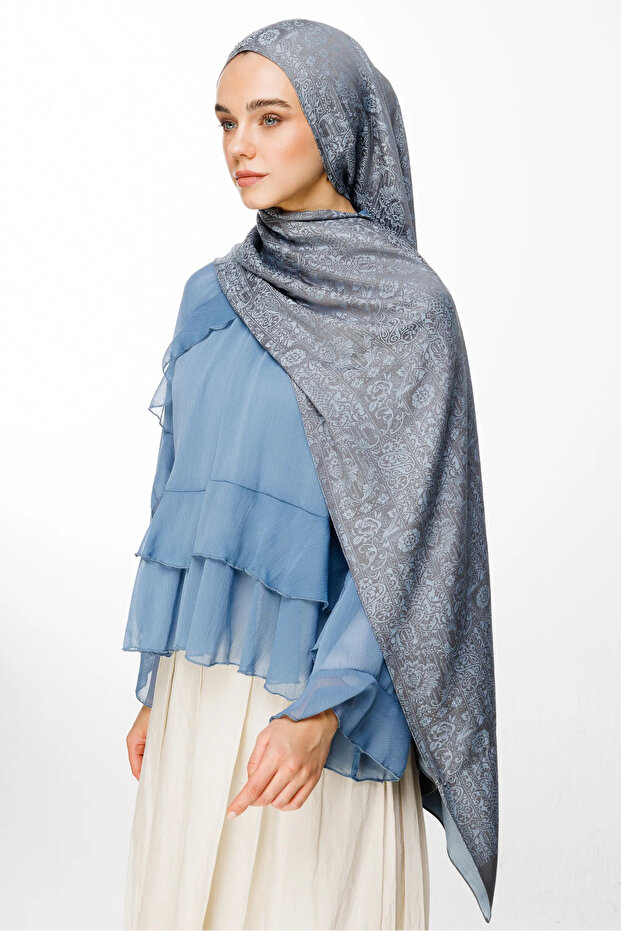 Henna Pattern Double Sided Shawl Dark Grey-Light Blue