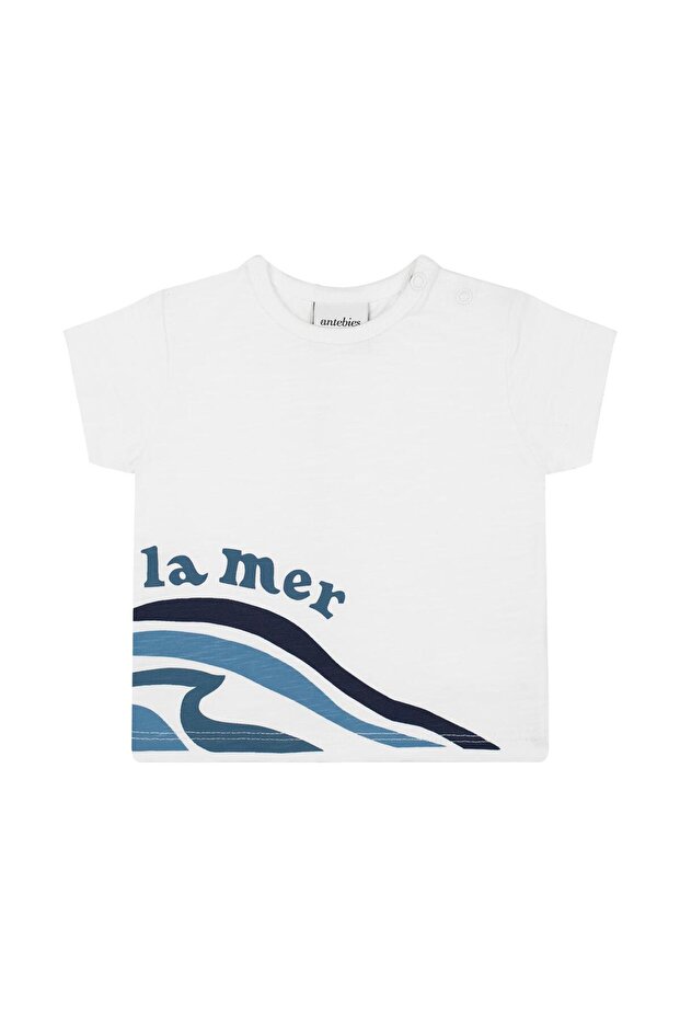 تيشيرت بيبي بوي بأكمام قصيرة من La mer مطبوع باللون الأبيض العضوي