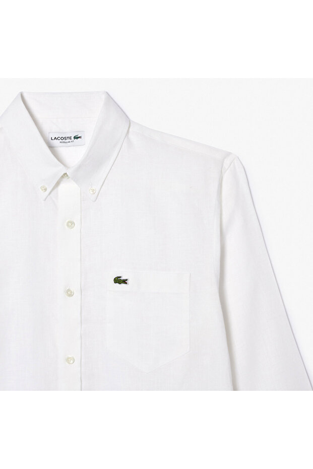 Erkek Regular Fit Düğmeli Yaka Keten Beyaz Gömlek - 6