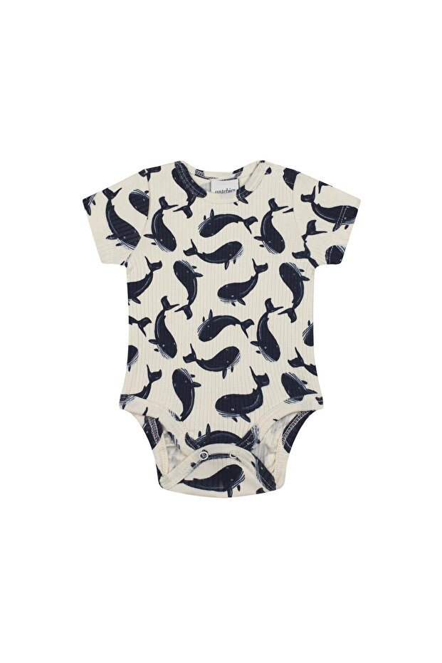 Organik Bej Balina Desenli Çıtçıtlı Kısa Kollu Erkek Bebek Body - 2