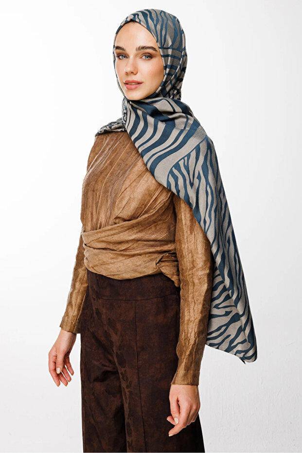 Riad Pattern Double Sided Shawl Petrol Blue-Beige