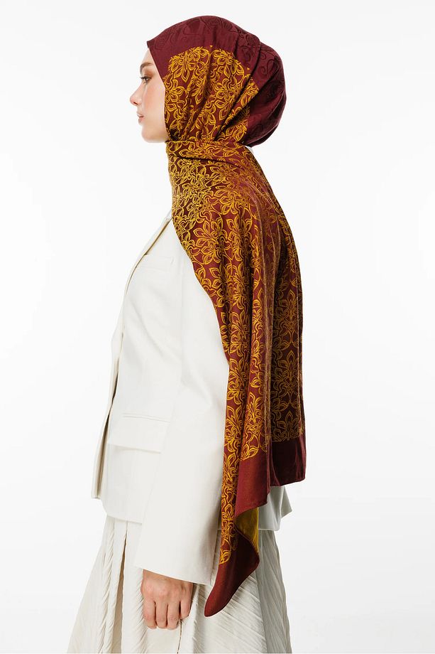 Nora Desen Çift Taraflı Şal Mürdüm-Sarı - 4