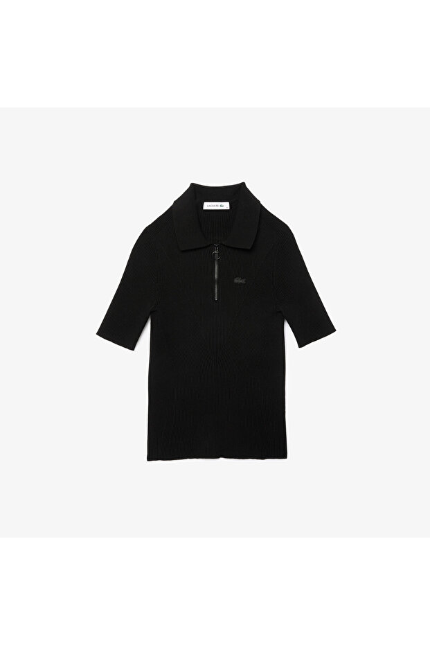 Kadın Slim Fit Kısa Kollu Yarım Fermuarlı Siyah Triko - 4