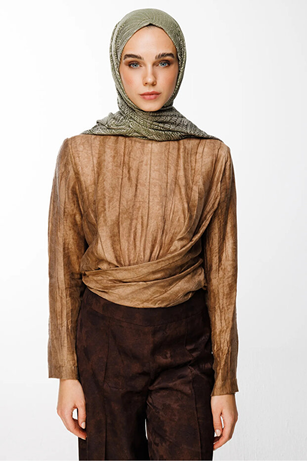 Mayra Pattern Double Sided Shawl Khaki-Salmon