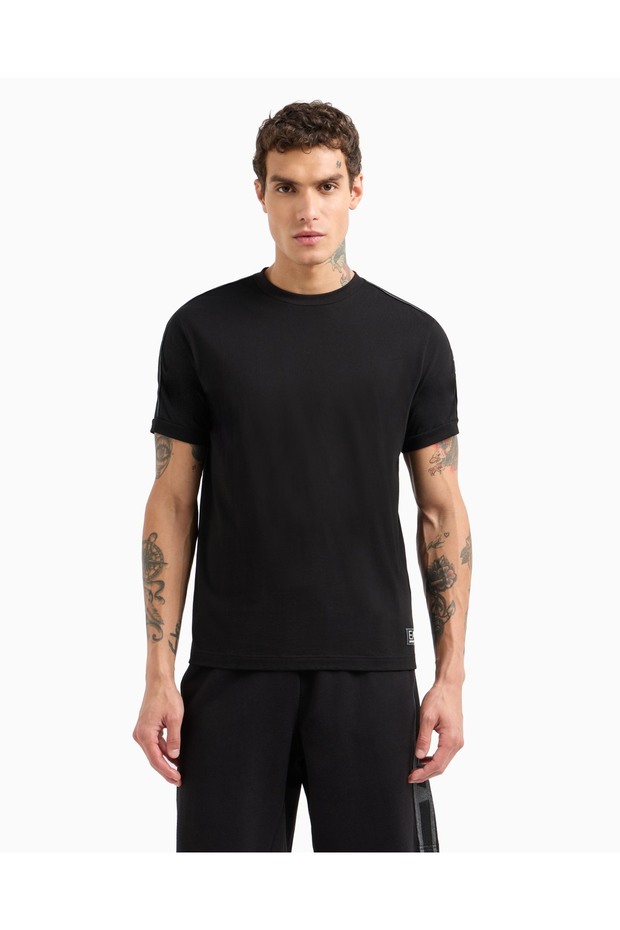Men's Regular Fit Round Neck Short Sleeve Black T-Shirt with Stripe Logo on the Shoulder