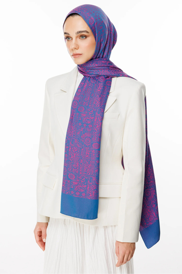 Henna Pattern Double Sided Shawl Petrol Blue-Fuchsia