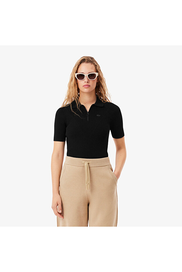 Kadın Slim Fit Kısa Kollu Yarım Fermuarlı Siyah Triko - 1