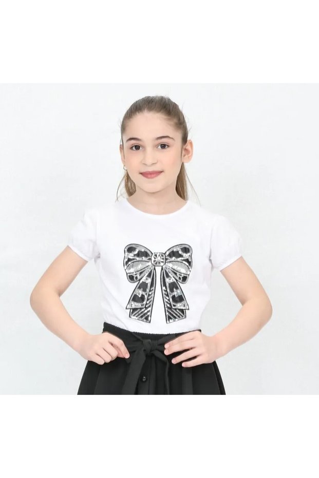 Girl's Short Sleeve Crewneck Bow Patterned Printed T-Shirt 23 April 29 October 19 May Show
