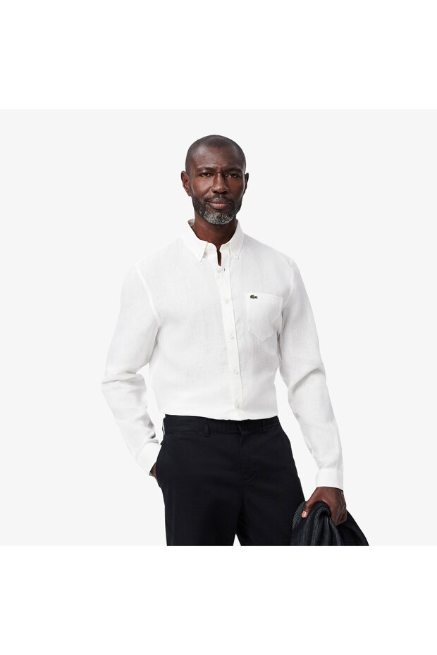 Erkek Regular Fit Düğmeli Yaka Keten Beyaz Gömlek - 1