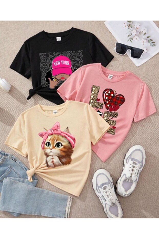 Girl's Printed Set of 3 Cotton Oversize T-Shirts
