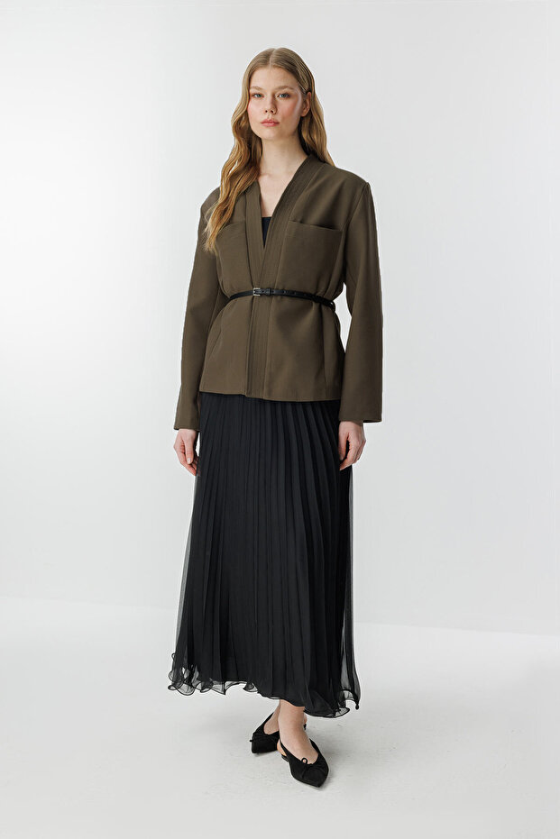 Andera Dark Khaki Jacket with Leather Belt Detail