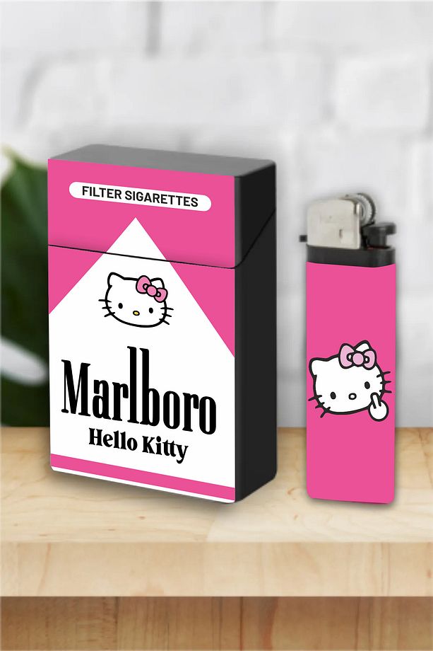 2'li Pink Hello Kıtty Çakmak ve Sigara Kutusu Tabakası Seti - 1