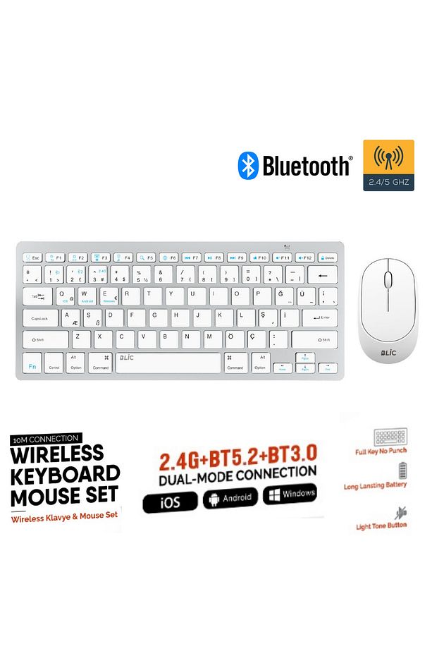 Beyaz Kablosuz Zarif Sessiz Tasarım Dual Mode 2.4G+BT5.2 Klavye Mouse Set İos Android Windows Uyumlu - 1