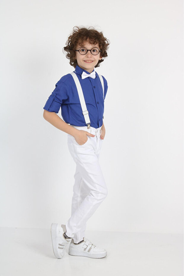 Boy's Cobalt Blue Shirt White Aski Bow Tie and Pantalon Lower-Upper Set 23 April
