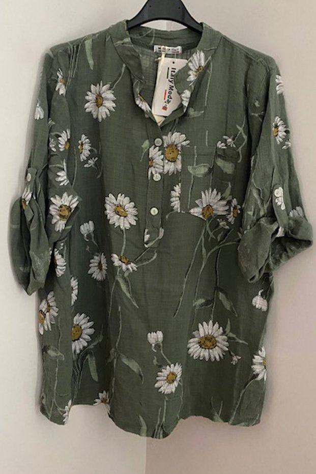 Women's Italian White Daisy Print Button Detail Folding Orphan Sleeves 100% Cotton Blouse Shirt